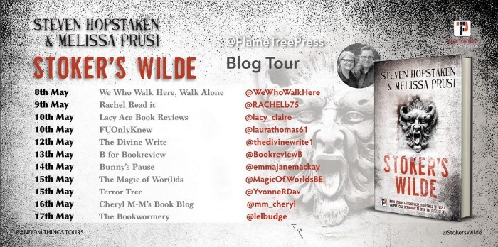 A list of the blogs taking part in the blog tour from May 8-17 set against a speckled black-and-white background with the demonic figure from the book cover. Also included are an image of the book and a photo of the authors. The blogs in chronological order are: We Who Walk Here, Rachel Read It, Lacy Ace Book Reviews, FUOnlyKnew, The Divine Write, B for Bookreview, Bunny's Pause, The Magic of Wor(l)ds, Terror Tree, Cheryl M-M's Book Blog, and The Bookwormery.