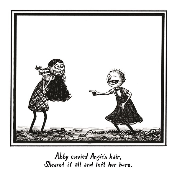 Image: Black and white illustration of a young girl with pigtails standing next to a young bald girl. There are scissors and strands of hair on the ground. The girl with pigtails holds the other girl's hair up to her chin like it is a beard as the bald girl points and laughs.