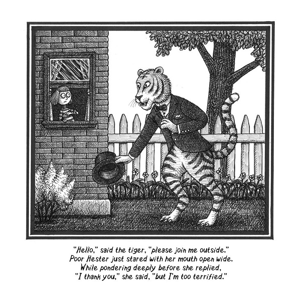 Image: Black and white illustration of a large tiger wearing a suitcoat and bowtie bowing in front of a frightened little girl looking out the window of a brick house.