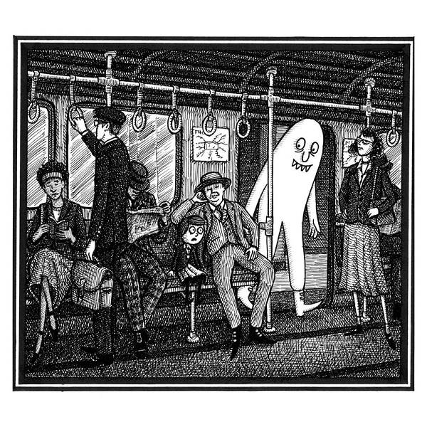 Image: Black and white illustration of several adults and one little girl in a subway car. A large white monster enters the car as the little girl looks on in alarm.