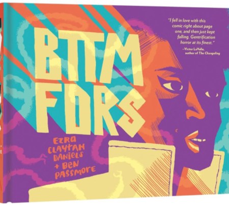A Black woman wearing a yellow coat stands in quarter profile. She is lit in purple and orange, with green and yellow text beside her reading "BTTM FDRS."