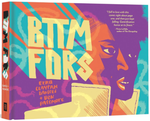 A Black woman wearing a yellow coat stands in quarter profile. She is lit in purple and orange, with green and yellow text beside her reading "BTTM FDRS."