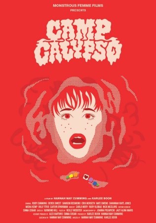 Image: A red film poster for CAMP CALYPSO featuring a woman's face surrounded by water with beads floating underneath her.