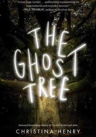 Image: An old grey tree with no leaves sits in a dark forest. Eerie white letters read "The Ghost Tree."