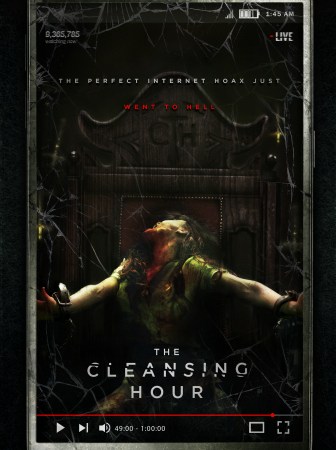 Image: A woman tied to a chair twists away from the viewer with blood on her face and neck. Text: "The perfect Internet hoax just went to hell. The Cleansing Hour."