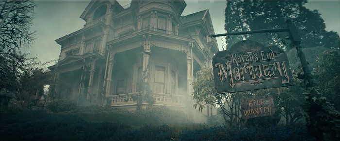 Image: A large house sits on a lot with overgrown trees and fog rolling in. A sign hangs in front that reads: "Raven's End Mortuary. Help Wanted."