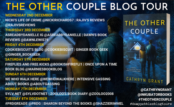 Image: The book cover with a list of blogs hosting reviews and features from December 2 through December 8.