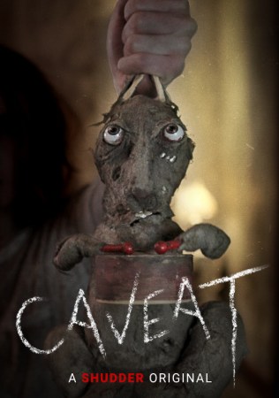 Image: A hand holds a worn-looking rabbit toy. The rabbit holds red drumsticks in its paws that are attached to a small drum. Its eyes stare upwards. The woman is blurred in the background with a lamp behind her. Text reads: "Caveat. A Shudder Original."