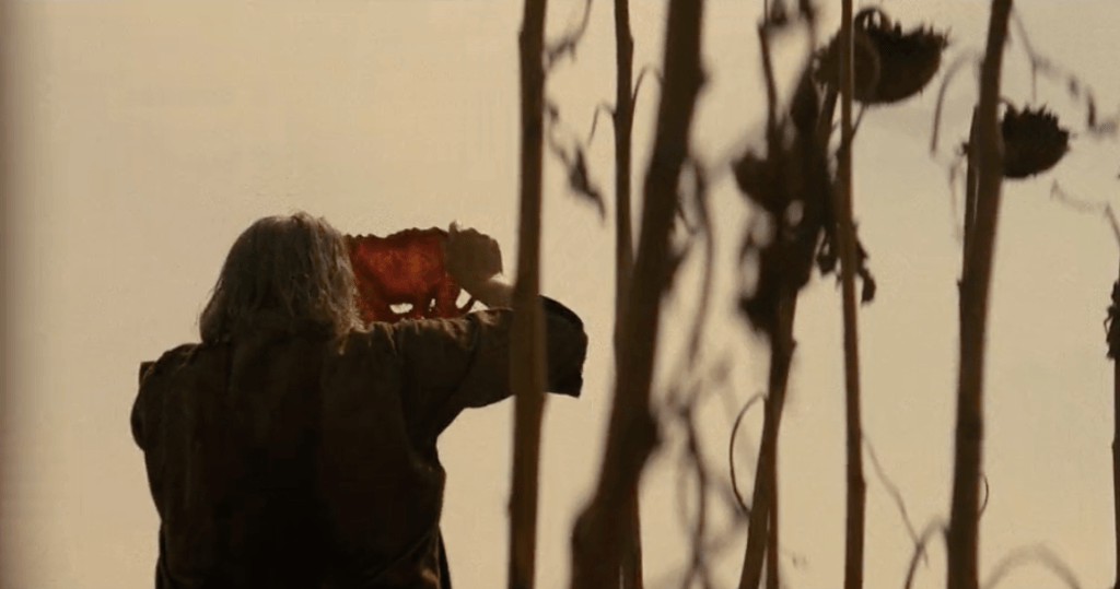 A still from Texas Chainsaw Massacre. Leatherface stands in a field of sunflowers with his back to the camera, holding up a skin mask in front of his face.