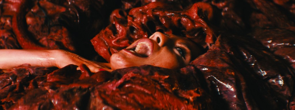 A still from The Seed. Deidre's face and arm are visible as the writhes inside a red, membranous sac. Her mouth and eyes are open in ecstasy.