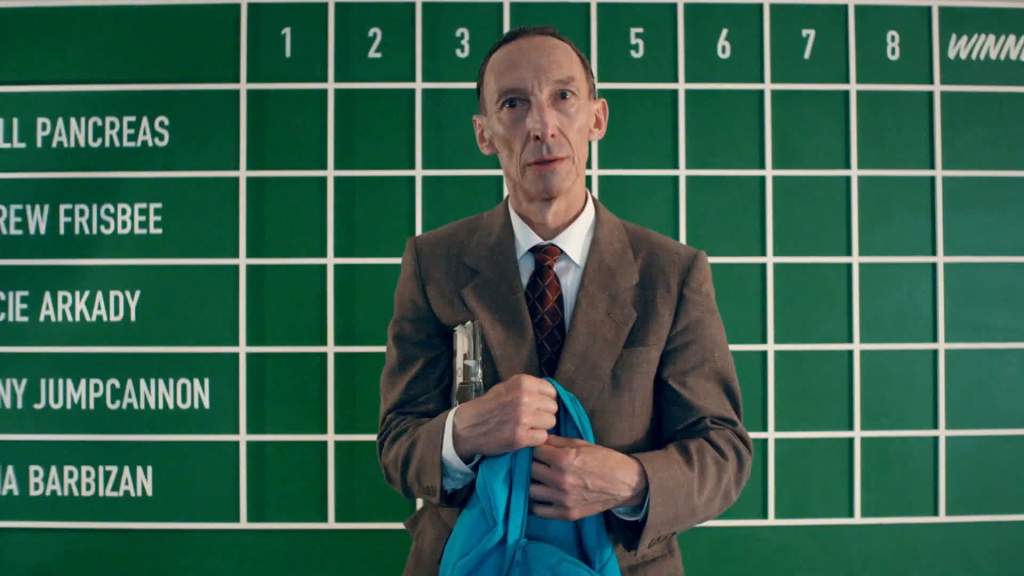 A still from Stanleyville. Homunculus stands in front of a scoreboard holding a backpack. The scoreboard has the five contestants' names on it and boxes for each of eight rounds of the contest. 