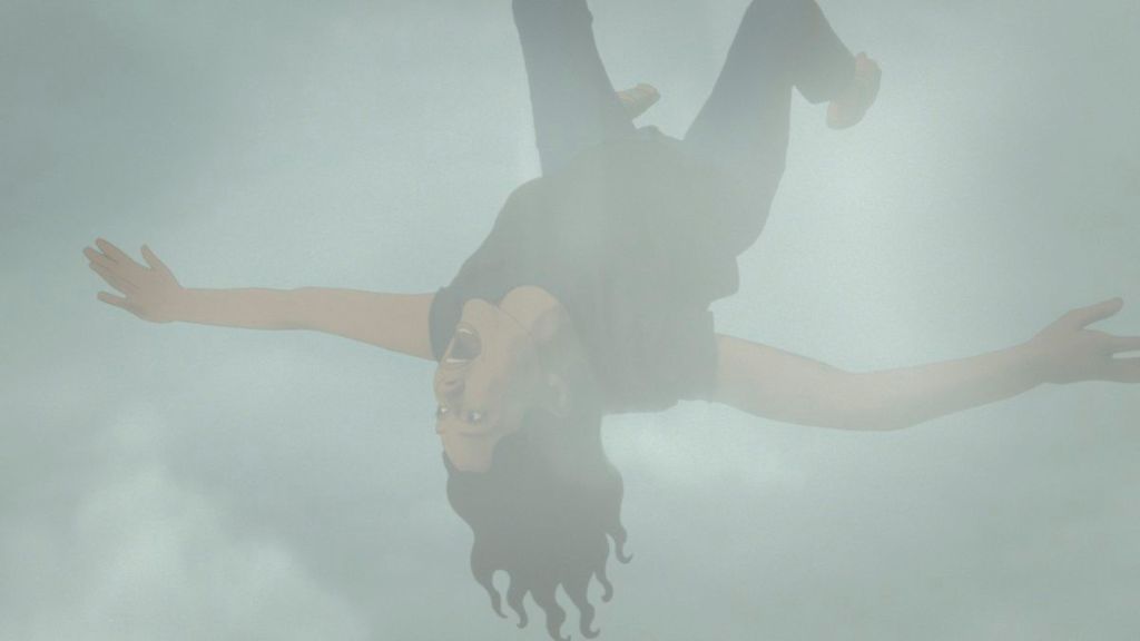 A still from Undone. Alma screams as she falls through the air in a dense fog.
