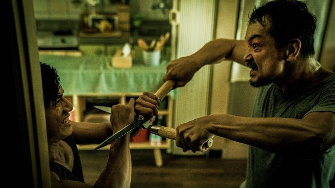 A still from The Sadness. Mr. Lin attacks Jim with a pair of gardening shears in Jim's apartment. 